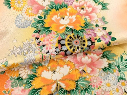 平和屋着物[]七五三 女の子 ３歳 祝着 三つ身 長襦袢(単衣)セット 駒刺繍 花車文 暈し染め 金彩 洗える着物 AABG3399ja