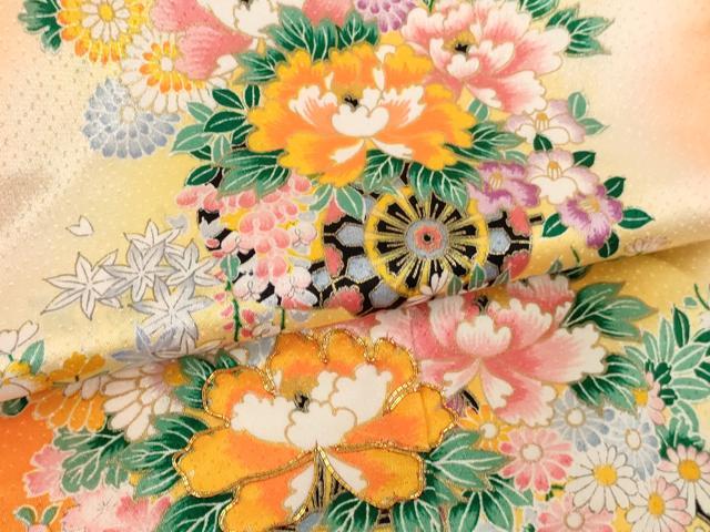平和屋着物[]七五三 女の子 ３歳 祝着 三つ身 長襦袢(単衣)セット 駒刺繍 花車文 暈し染め 金彩 洗える着物 AABG3399ja