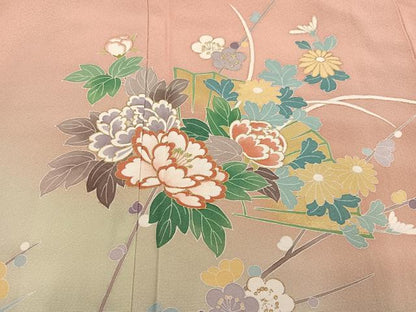 平和屋着物●訪問着　友禅　地紙枝花文　暈し染め　金彩　正絹　逸品　未使用　AABG3410ph