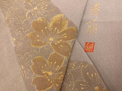 平和屋着物●色留訪問着　作家物　手描き　春萌　舞桜文　金彩　鬼しぼ縮緬　正絹　逸品　AABG3414ph