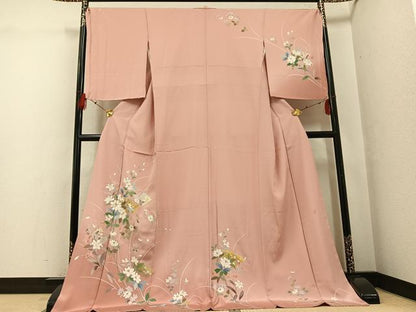 平和屋着物●訪問着　友禅　作家物　扇面草花文　暈し染め　金彩　ロング丈　正絹　逸品　未使用　AABG3421ph