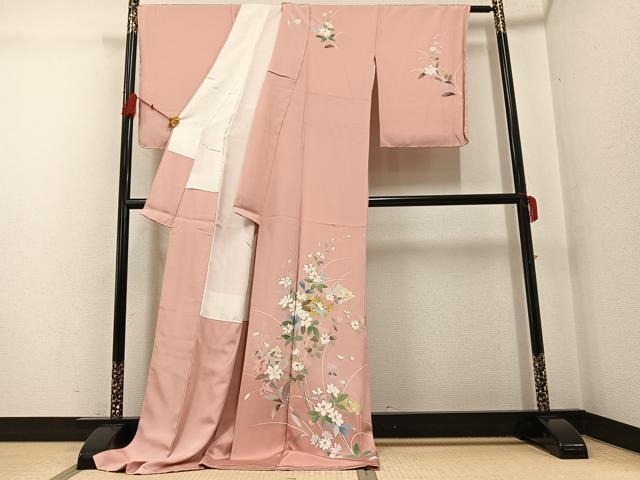 平和屋着物●訪問着　友禅　作家物　扇面草花文　暈し染め　金彩　ロング丈　正絹　逸品　未使用　AABG3421ph