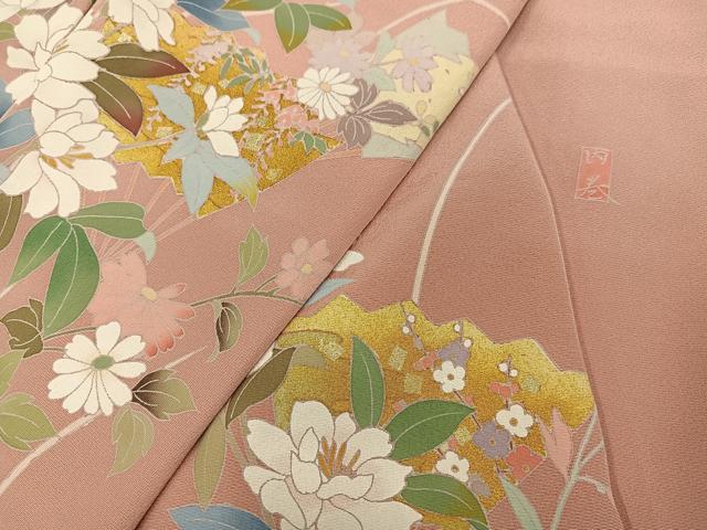 平和屋着物●訪問着　友禅　作家物　扇面草花文　暈し染め　金彩　ロング丈　正絹　逸品　未使用　AABG3421ph