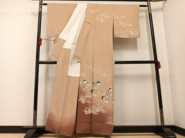 平和屋着物●十日町友禅作家　関口遼一　訪問着　童子草花文　暈し染め　正絹　逸品　AABG3423ph