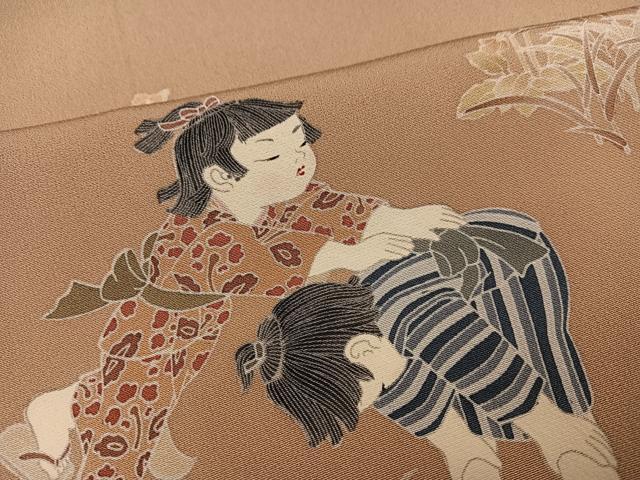平和屋着物●十日町友禅作家　関口遼一　訪問着　童子草花文　暈し染め　正絹　逸品　AABG3423ph