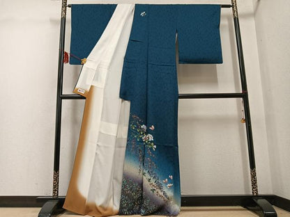 平和屋着物●訪問着　手描き　花蝶文　暈し染め　金彩　金通し地　やまと誂製　正絹　逸品　AABG3435ph