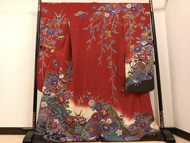 平和屋着物●豪華振袖　紅型　花鳥文　暈し染め　正絹　逸品　AABG3442ph