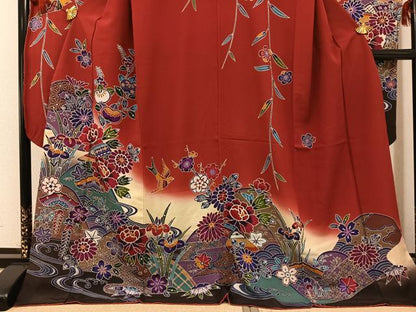 平和屋着物●豪華振袖　紅型　花鳥文　暈し染め　正絹　逸品　AABG3442ph