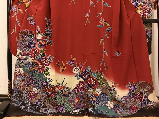 平和屋着物●豪華振袖　紅型　花鳥文　暈し染め　正絹　逸品　AABG3442ph