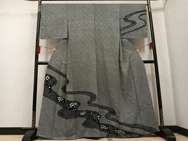 平和屋着物●訪問着　絞り　流水花文　黒地　正絹　逸品　未使用　AABG3460ph