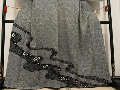 平和屋着物●訪問着　絞り　流水花文　黒地　正絹　逸品　未使用　AABG3460ph