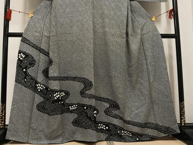 平和屋着物●訪問着　絞り　流水花文　黒地　正絹　逸品　未使用　AABG3460ph