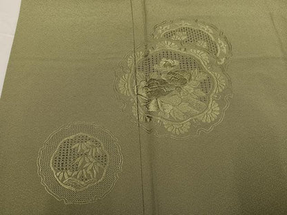 平和屋着物●豪華振袖　中国三大刺繍　汕頭刺繍　スワトウ刺繍　色無地　鏡裏草花文　利休茶色　正絹　逸品　AABG3471ph
