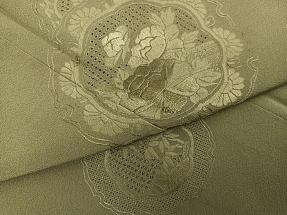 平和屋着物●豪華振袖　中国三大刺繍　汕頭刺繍　スワトウ刺繍　色無地　鏡裏草花文　利休茶色　正絹　逸品　AABG3471ph