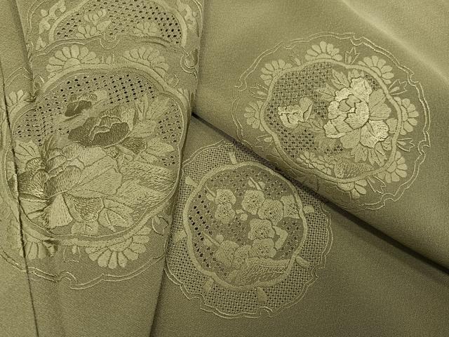 平和屋着物●豪華振袖　中国三大刺繍　汕頭刺繍　スワトウ刺繍　色無地　鏡裏草花文　利休茶色　正絹　逸品　AABG3471ph