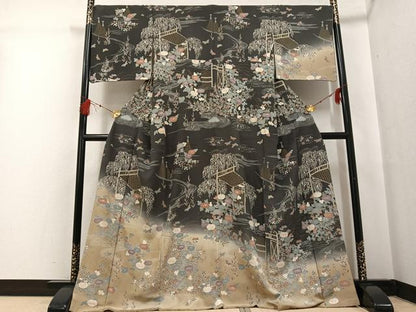 平和屋着物●訪問着　友禅　流水草花文　暈し染め　正絹　逸品　AABG3474ph
