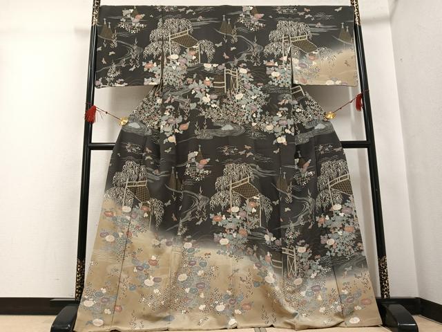 平和屋着物●訪問着　友禅　流水草花文　暈し染め　正絹　逸品　AABG3474ph