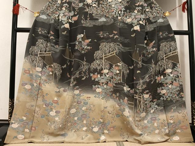 平和屋着物●訪問着　友禅　流水草花文　暈し染め　正絹　逸品　AABG3474ph