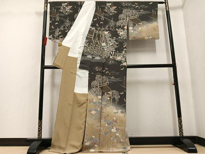 平和屋着物●訪問着　友禅　流水草花文　暈し染め　正絹　逸品　AABG3474ph