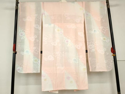 平和屋着物●振袖用長襦袢　無双仕立て　飛鶴草花地紋　暈し染め　広衿仕立て　半衿刺繍　正絹　逸品　AABG3486cs