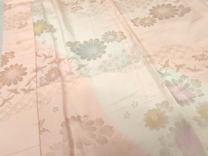 平和屋着物●振袖用長襦袢　無双仕立て　飛鶴草花地紋　暈し染め　広衿仕立て　半衿刺繍　正絹　逸品　AABG3486cs