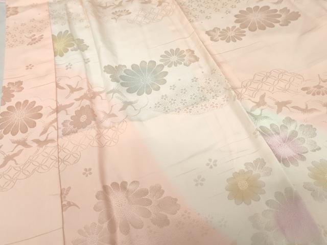 平和屋着物●振袖用長襦袢　無双仕立て　飛鶴草花地紋　暈し染め　広衿仕立て　半衿刺繍　正絹　逸品　AABG3486cs