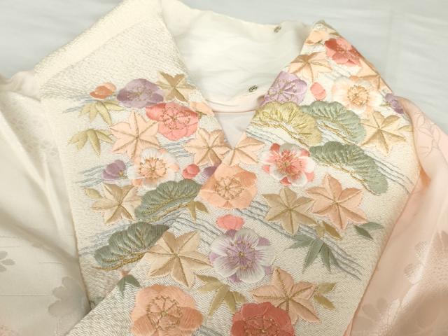 平和屋着物●振袖用長襦袢　無双仕立て　飛鶴草花地紋　暈し染め　広衿仕立て　半衿刺繍　正絹　逸品　AABG3486cs