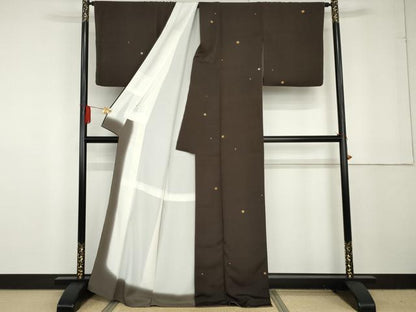 平和屋着物●上質な小紋 紬地 箔散らし 飛び柄 赤墨色 金銀彩 正絹 逸品 AABG3494cs