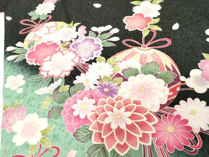 平和屋着物●豪華振袖　花薬玉　暈し染め　黒地　金彩　金通し地　正絹　逸品　AABG3511cs
