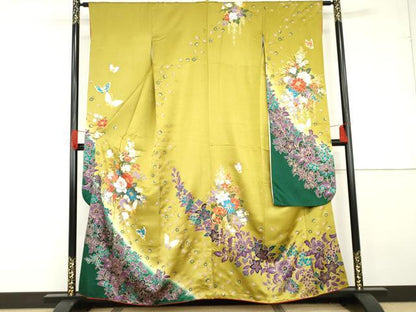 平和屋着物●豪華振袖　更紗花蝶文　暈し染め　金彩　正絹　逸品　AABG3514cs