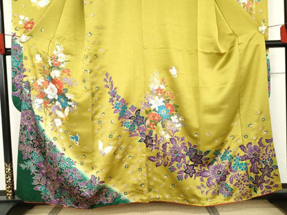 平和屋着物●豪華振袖　更紗花蝶文　暈し染め　金彩　正絹　逸品　AABG3514cs
