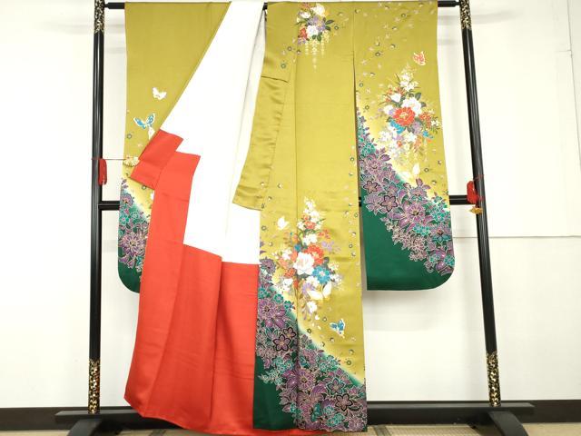 平和屋着物●豪華振袖　更紗花蝶文　暈し染め　金彩　正絹　逸品　AABG3514cs
