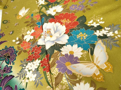 平和屋着物●豪華振袖　更紗花蝶文　暈し染め　金彩　正絹　逸品　AABG3514cs
