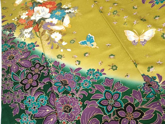 平和屋着物●豪華振袖　更紗花蝶文　暈し染め　金彩　正絹　逸品　AABG3514cs