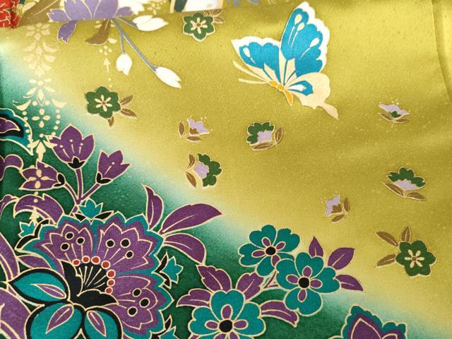 平和屋着物●豪華振袖　更紗花蝶文　暈し染め　金彩　正絹　逸品　AABG3514cs