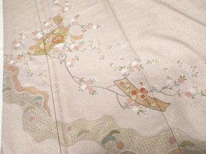 平和屋着物●訪問着　作家物　雪祥　中国三大刺繍　スワトウ刺繍　汕頭刺繍　地紙短冊枝花文　金糸　正絹　逸品　未使用　AABG3515cs