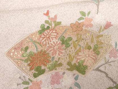 平和屋着物●訪問着　作家物　雪祥　中国三大刺繍　スワトウ刺繍　汕頭刺繍　地紙短冊枝花文　金糸　正絹　逸品　未使用　AABG3515cs