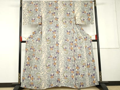 平和屋着物●上質な小紋　型染め　花鳥文　鬼しぼ縮緬　正絹　逸品　AABG3522cs