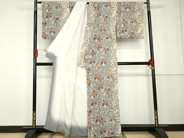平和屋着物●上質な小紋　型染め　花鳥文　鬼しぼ縮緬　正絹　逸品　AABG3522cs
