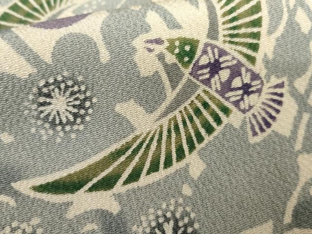 平和屋着物●上質な小紋　型染め　花鳥文　鬼しぼ縮緬　正絹　逸品　AABG3522cs