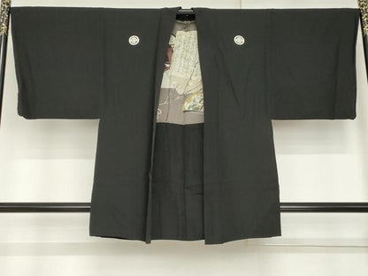 平和屋着物●男性　黒紋付・羽織セット　正絹　逸品　AABG3523cs