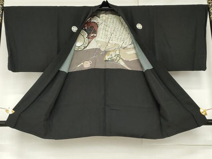 平和屋着物●男性　黒紋付・羽織セット　正絹　逸品　AABG3523cs