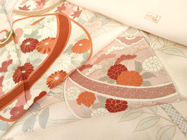 平和屋着物●十日町老舗ブランド　吉澤友禅　吾妻徳穂　訪問着　刺繍　花鈴文　金彩　正絹　逸品　AABG3532cs