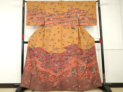 平和屋着物●紅型　訪問着　飛鶴吉祥草花文　正絹　逸品　AABG3534cs