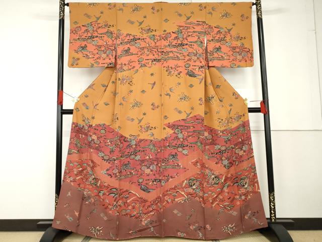 平和屋着物●紅型　訪問着　飛鶴吉祥草花文　正絹　逸品　AABG3534cs