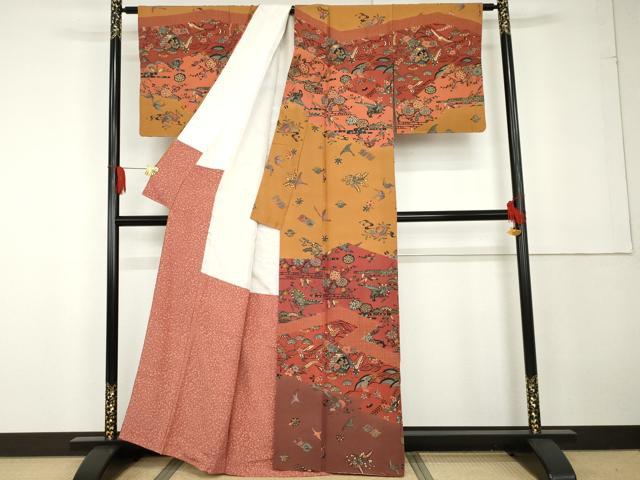平和屋着物●紅型　訪問着　飛鶴吉祥草花文　正絹　逸品　AABG3534cs