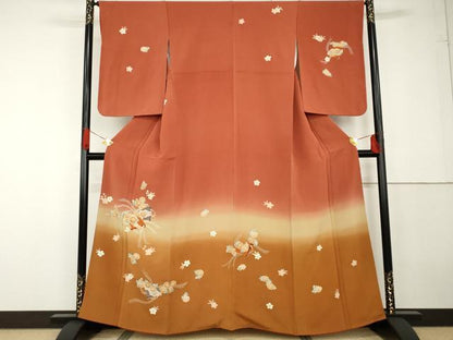 平和屋着物●訪問着　友禅　扇面花文　暈し染め　金彩　鬼しぼ縮緬　正絹　逸品　AABG3536cs