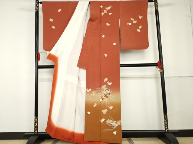 平和屋着物●訪問着　友禅　扇面花文　暈し染め　金彩　鬼しぼ縮緬　正絹　逸品　AABG3536cs
