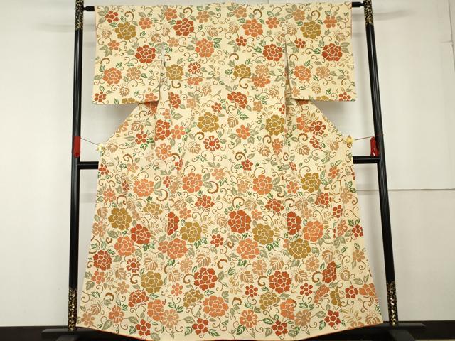 平和屋着物●上質な小紋　花唐草文　金彩　鬼しぼ縮緬　正絹　逸品　AABG3537cs