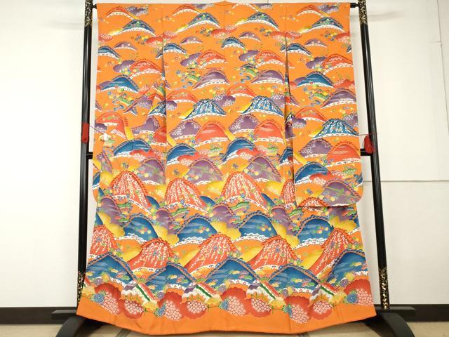 平和屋着物●豪華振袖　紅型　雲取り重ね山飛鳥文　正絹　逸品　AABG3538cs
